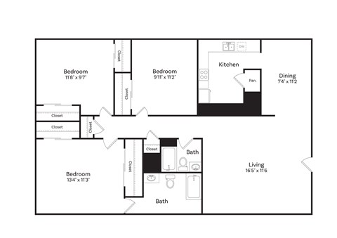 Floor plan for 3 beds, 2 baths, 1411 sqft